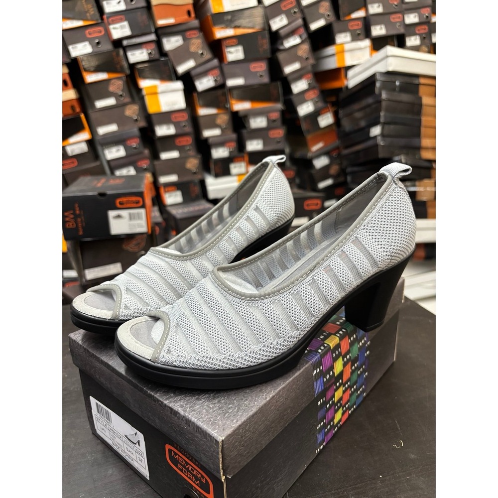 Bernie Mev Lupin Light Grey Sheer Woven Peep Toe Heels Size 37 US 6.5-7